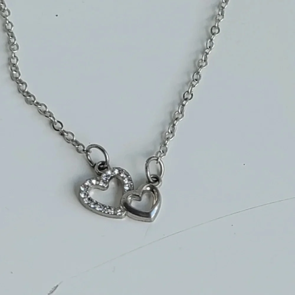 Double Hearts Silver Rhinestones Color Chain Necklace Adjastable 18